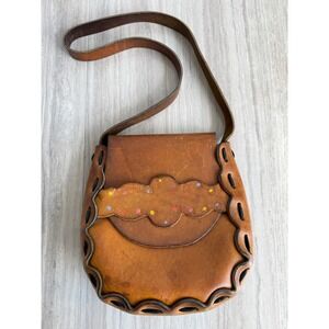 Vintage Brown Leather Floral Tooled Shoulder Bag Boho Folk Art Prairie Purse